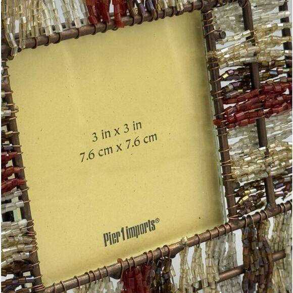 Pier 1 Imports Vtg Gold Silver Red 3x3" Beaded Tabletop Desk Picture Frame- New - Picture 2 of 4